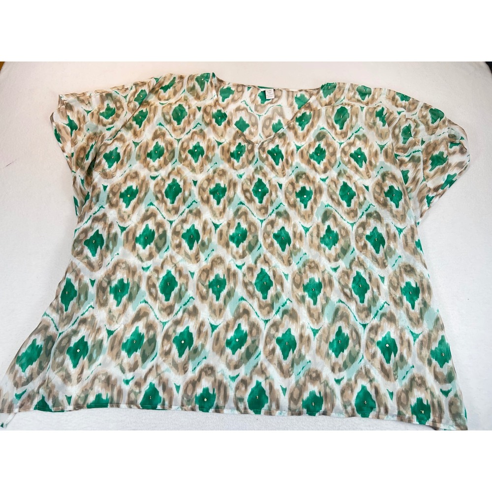 Chico's T-Shirt Women L/XL Green Ikat Sequin V-Neck Sheer Lightweight SU12-198